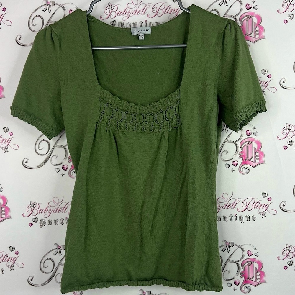 Jigsaw tshirt tee top olive army boho crochet detail Forest Green Blouse